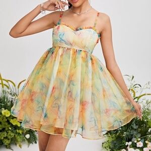 Brand New Women Tie Dye Print Frill Cami Colorful Dress Size Small